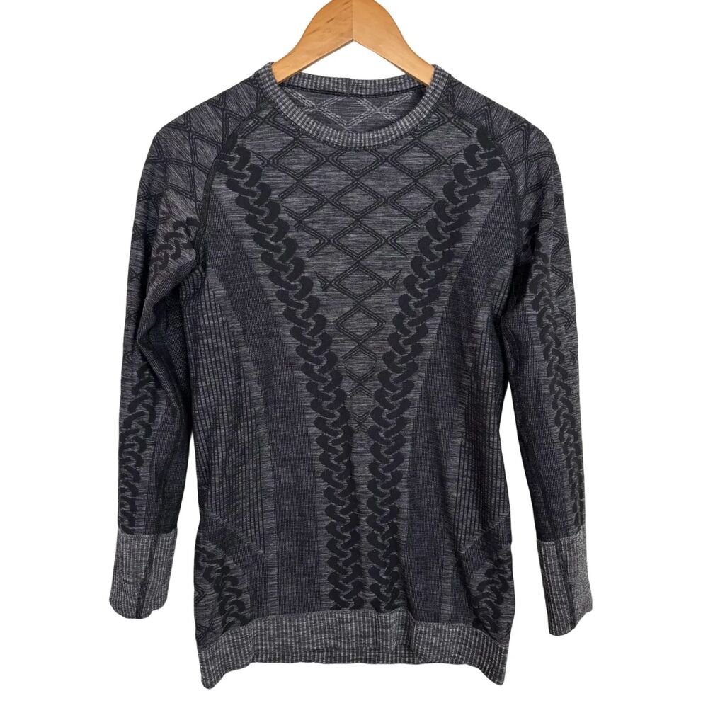 Lululemon Rest Less Gray Black Long Sleeve Pullover Pattern T-Shirt Women's 8 - Picture 2 of 7